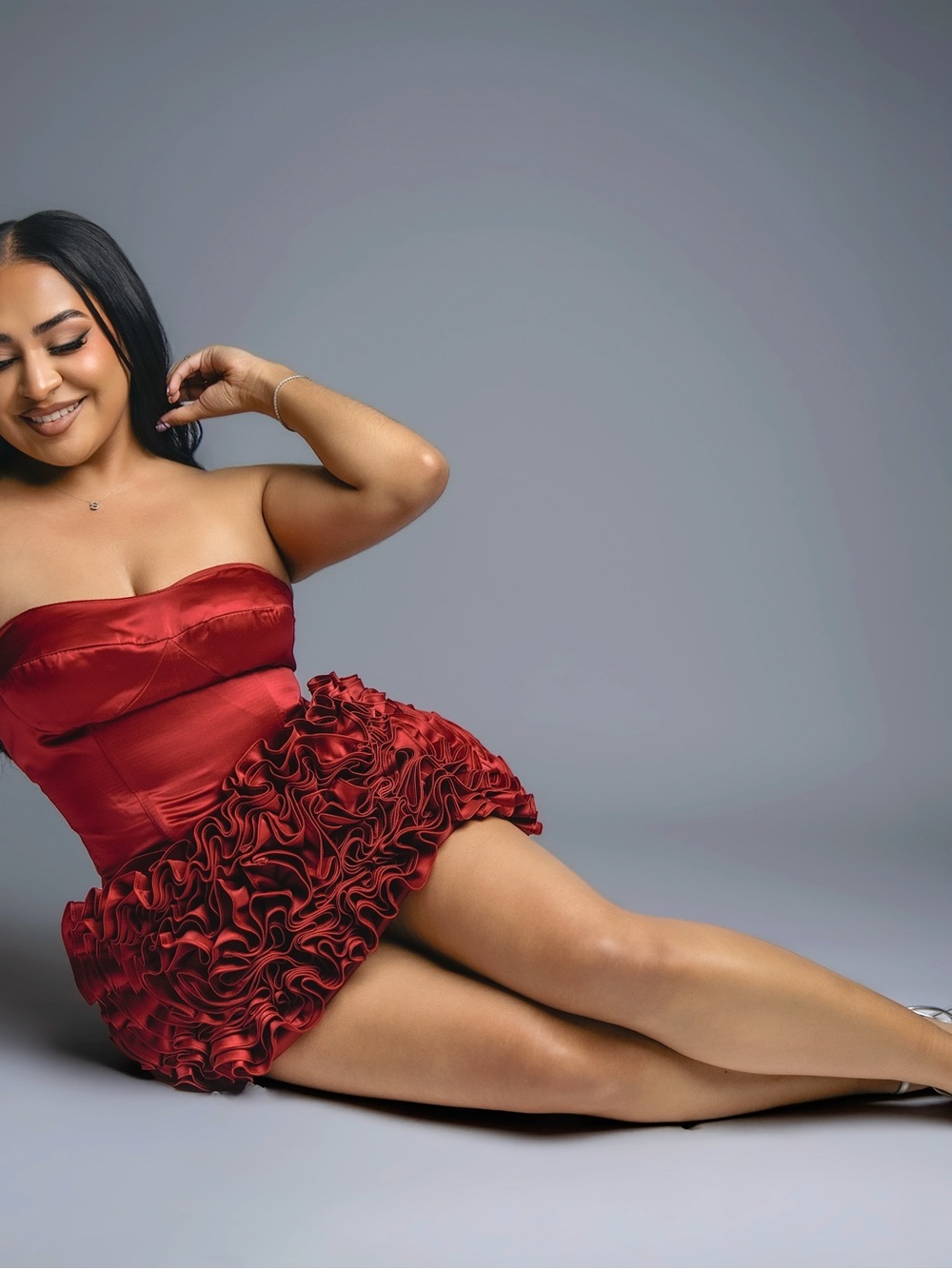 Amazon Strapless Red Ruffle-Bloom Mini Dress - Picture 4 of 5